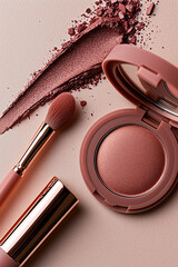 Elegant beauty composition featuring high-end makeup products in warm rose tones with soft, fluffy brushes.