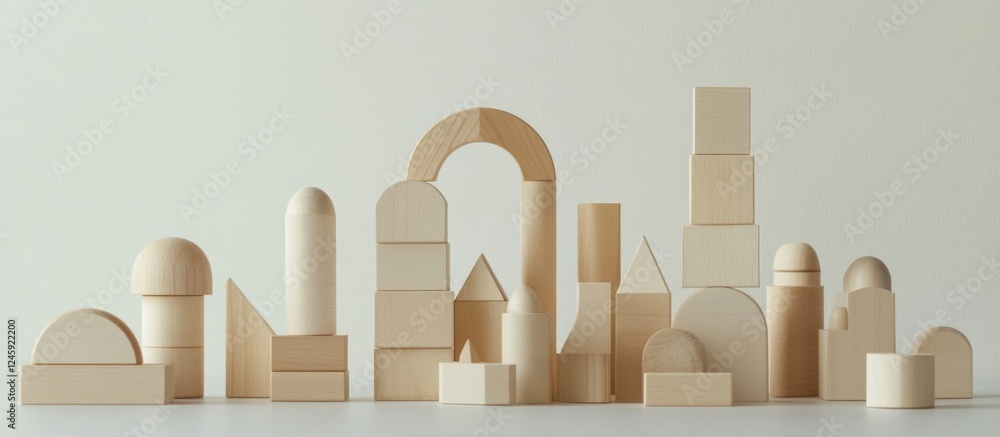 Poster wooden building blocks arranged creatively to form a diverse structure against a clean white backgro