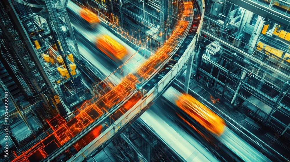 Poster An overhead view of a conveyor system with autonomous carts in motion, showcasing the coordination of vehicles and the vibrant network signals pulsing in the background.