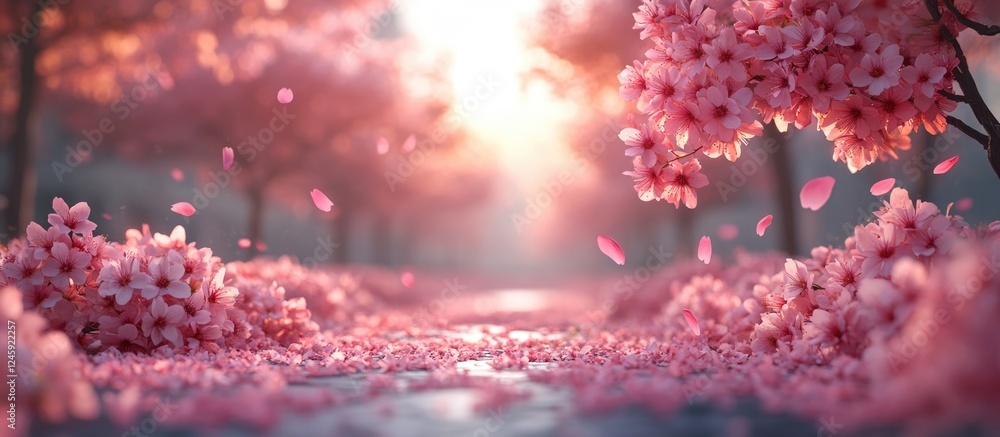 Poster blossoming cherry sakura trees in a serene park setting captured at sunset creating a picturesque sc