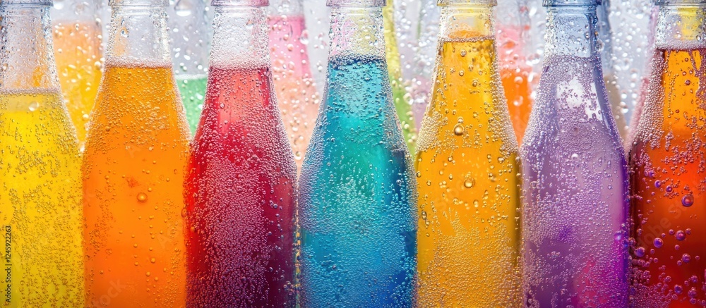 Poster Vibrant soft drink bottles with bubbles showcasing a range of colors and effervescence against a bright background