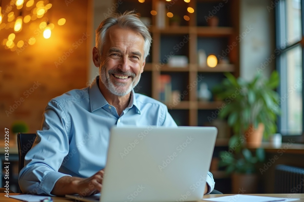 Poster man is smiling while using his laptop at table