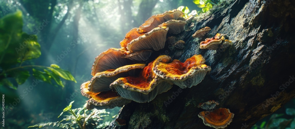 Aufkleber Colorful Bracket Fungi on a Tree Trunk in Forest Light Natural Environment with Greenery and Soft Sunlight Filtering Through Trees