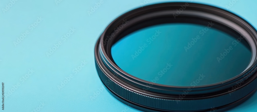 Poster camera lens with polarizing filter on blue background showcasing photography equipment and clear spa
