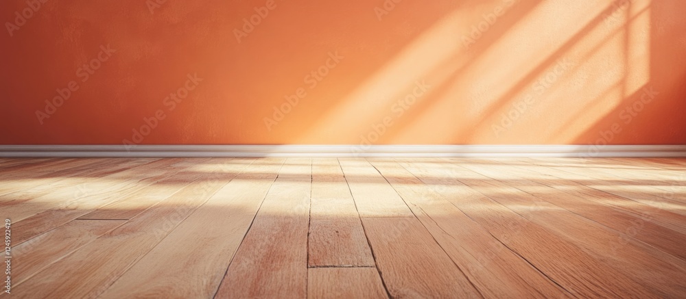 Poster Minimalistic hardwood floor with Apricot Crush color wall and warm sunlight creating space for text or design elements.
