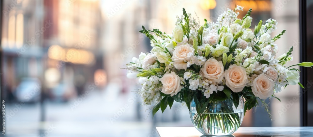 Poster elegant bouquet of light colored flowers in glass vase with soft focus background and ample copyspac