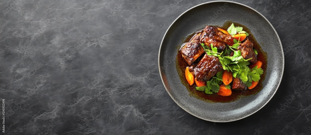 Poster braised beef back ribs with sweet soy sauce garnished with herbs and vegetables on a dark stone back