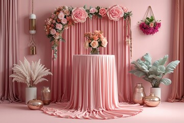 Stylish 3D Marketing Display Stand with Blush Background and Silky Chiffon for Accessory Exhibition