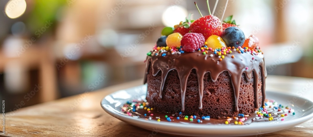 Aufkleber chocolate bubble cake adorned with fresh berries and colorful sprinkles on a wooden table in a cozy 