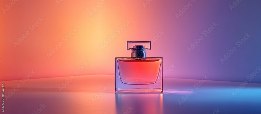 Poster Elegant perfume bottle with a stylish design illuminated against a vibrant colored background creating a luxurious and inviting atmosphere