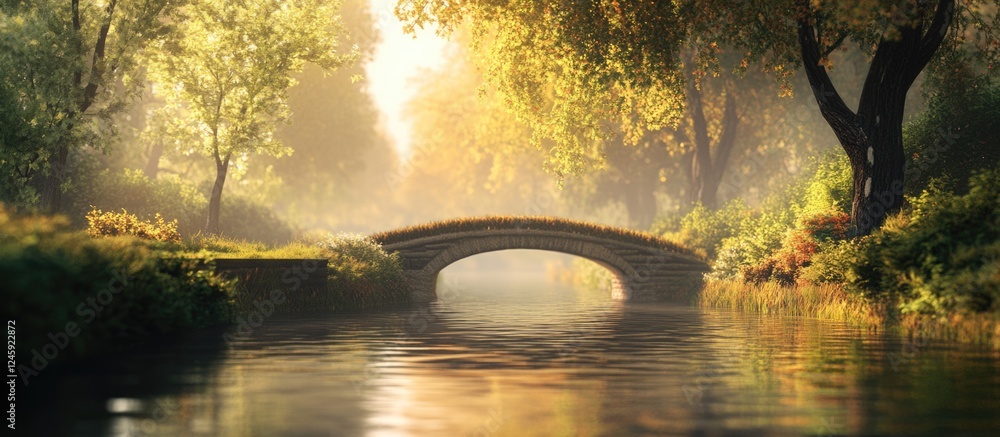 Poster tranquil canal travel scene in a lush landscape with a serene bridge and space for text overlay show