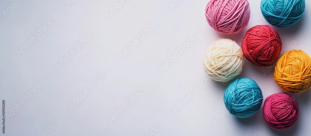 Poster colorful yarn balls arranged in a playful layout on a white background ideal for creative projects a