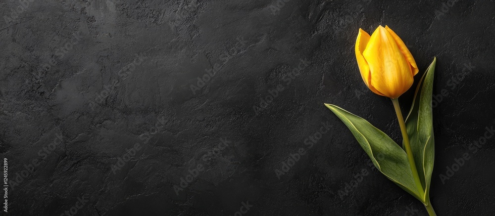 Poster Yellow tulip on dark textured background featuring ample copy space for design and text applications