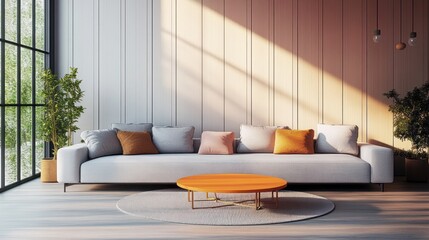 Modern Living Room Design with Light Gray Sofa and Orange Coffee Table 2025
