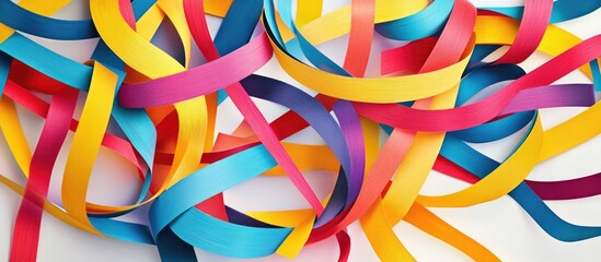 Colorful tangled paper strips creating a vibrant abstract background with random curves and stripes in bright hues.