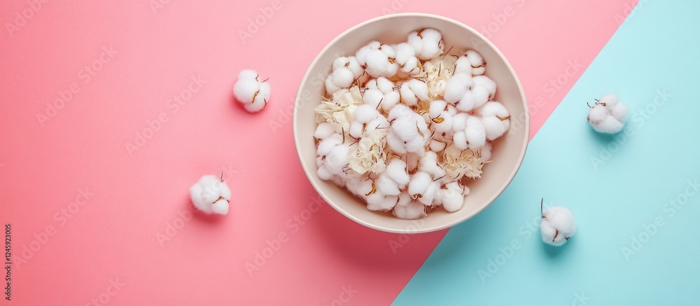 Poster fluffy flower branches and cotton balls in a bowl on colored background for creative flat lay design