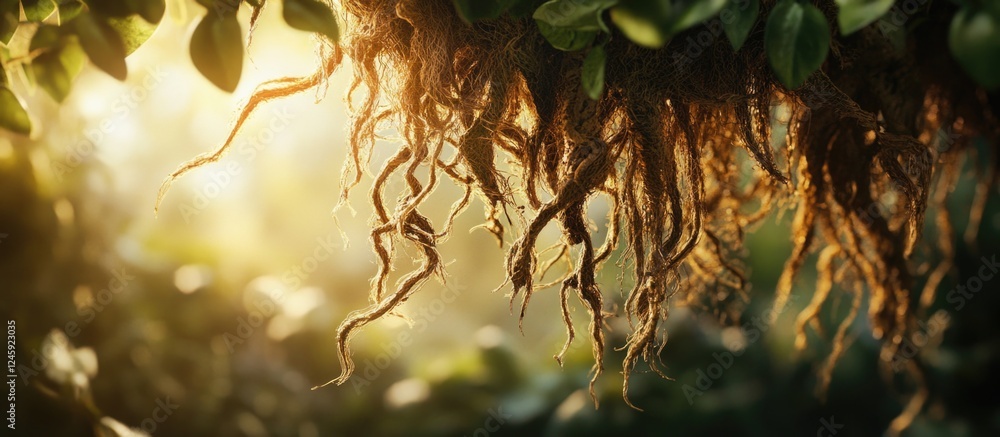 Poster close up of intricate hanging roots with soft sunlight creating a peaceful natural background scene 