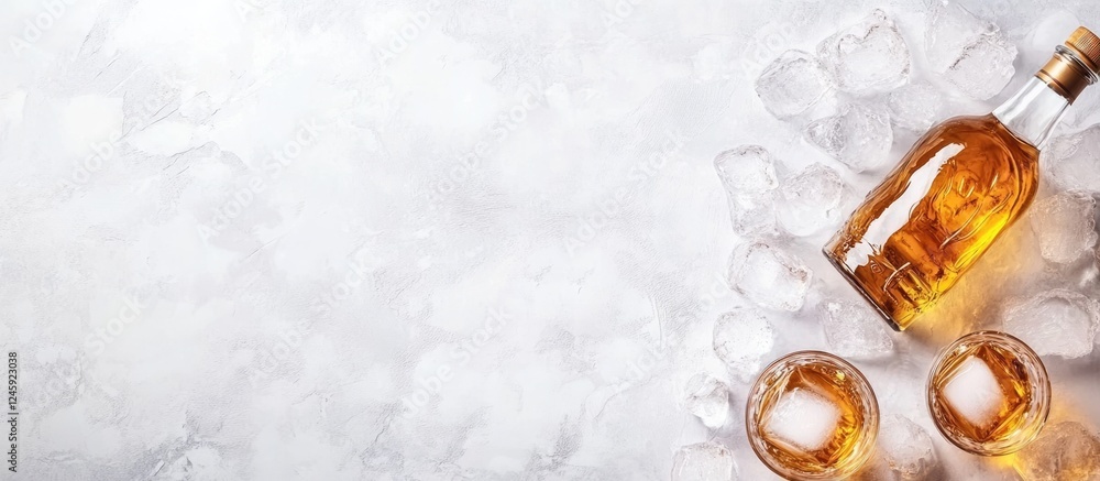 Poster Whiskey bottle two glasses ice cubes and empty space for text on marble background in elegant setting