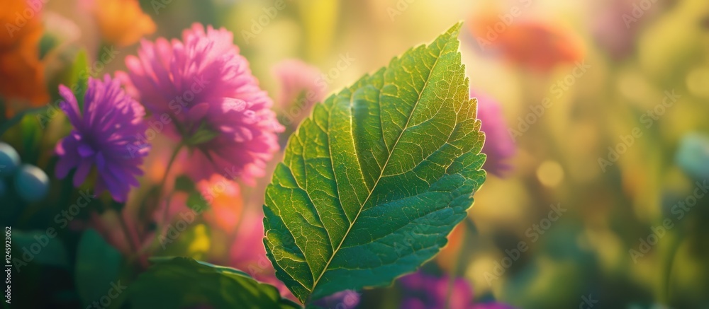 Poster close up of a vibrant green leaf in focus with colorful blurred flowers creating a soft bokeh backgr