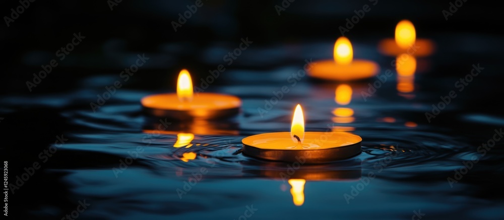 Poster floating candles on water at night symbolizing relaxation and wellness with space for text on biohac