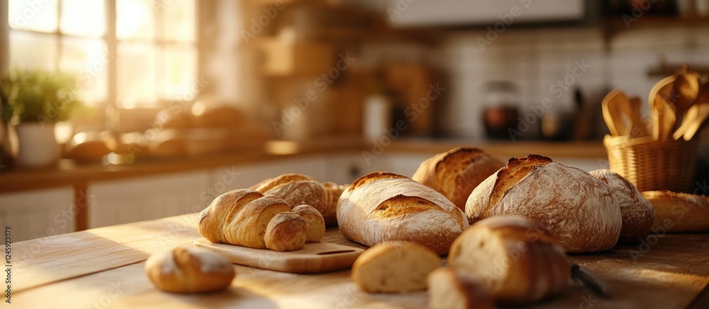 Poster freshly baked bread assortment on a rustic kitchen table with warm sunlight illuminating the scene, 