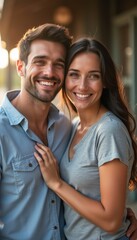 Fototapeta premium A happy couple stands close together, radiating joy and love in a sunlit outdoor setting. Their genuine smiles and affectionate pose capture the essence of romance and connection, highlighting the