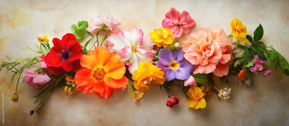 Poster vibrant floral arrangement displaying colorful blooms on a textured paper background for artistic an