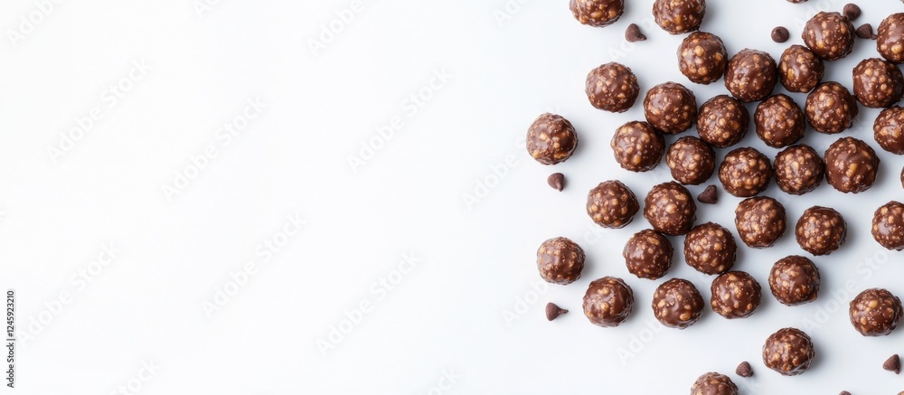 Poster chocolate corn balls scattered on a white background with space for text in a top view arrangement i