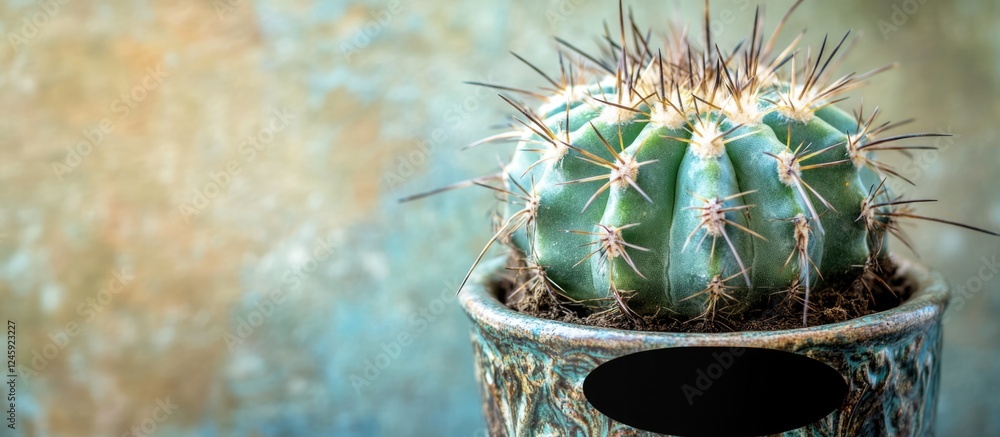 Poster close up of a cactus in a decorative pot with a black circular banner on a blurred textured backgrou