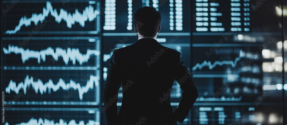Poster businessman analyzing stock market data with empty space for text in a modern office setting focused