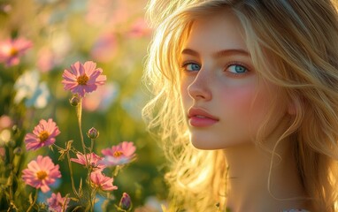 Naklejka premium Blonde girl with blue eyes and long hair sitting next to zen papaya in soft gentle tones