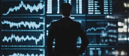 Businessman analyzing stock market data with empty space for text in a modern office setting focused on strategy and investment planning