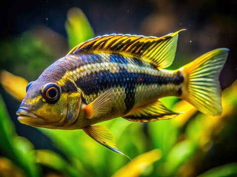Aerial view: vibrant Yellow Livingstonii cichlids showcase dazzling Mbuna colours in their aquarium home.