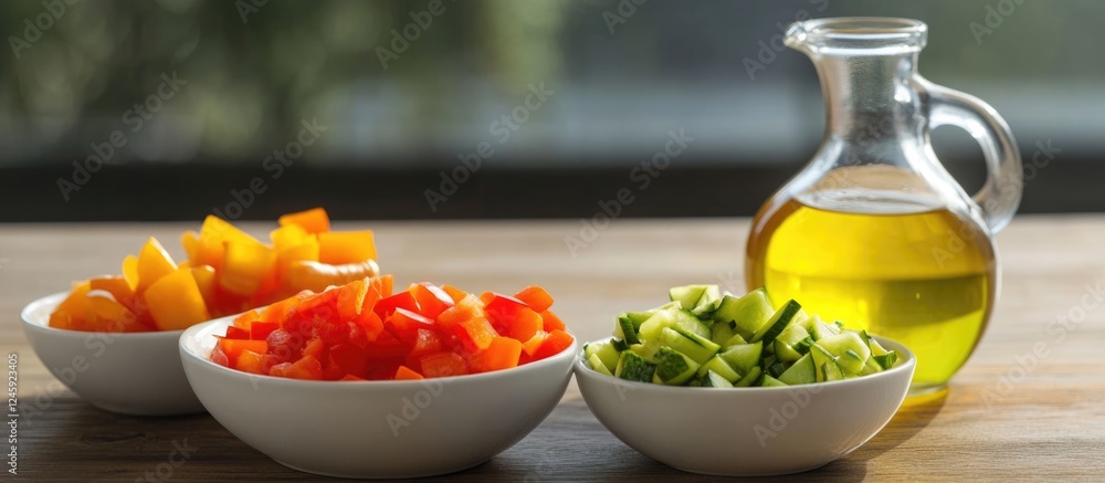 Poster fresh vegetables in bowls with a bottle of cooking oil on a wooden table and empty copyspace for cul