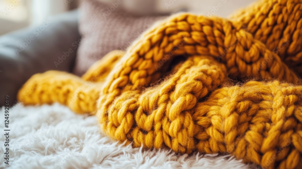 Poster cozy chunky knit blanket throw in warm yellow color with soft textured background and empty space fo
