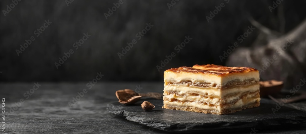 Poster Cantonese Lasagna with Creamy Filling and Savory Layers on Slate Surface with Empty Space for Text Overlay