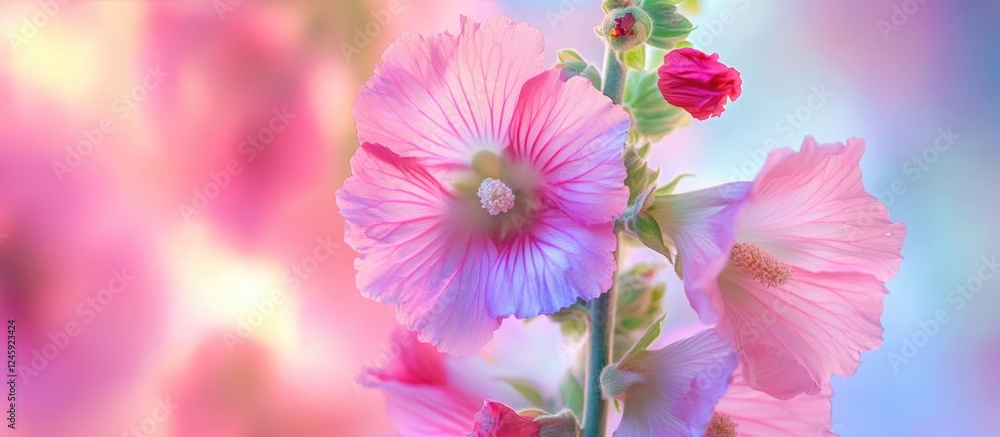 Poster softly blurred close-up of hollyhock flowers with artistic color filters creating a dreamy backgroun