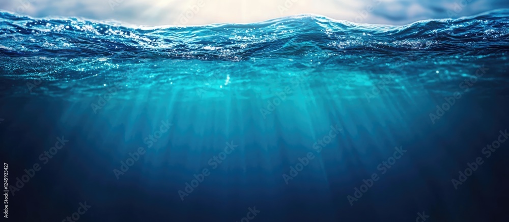Poster serene deep blue ocean surface with clear water and soft light rays ideal for text overlay or inspir