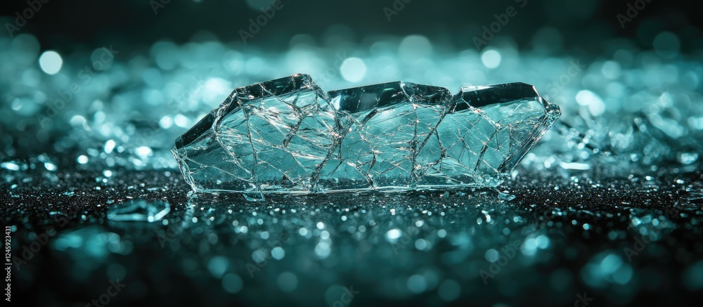 Aufkleber shattered glass pieces on a reflective surface with a glowing aqua background creating an abstract a