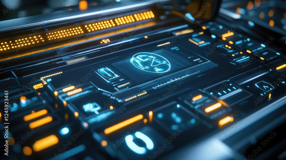 Poster Close-up of an autonomous vehicle interface, featuring data screens and a glowing 5G signal logo, showcasing cutting-edge connectivity and technology.