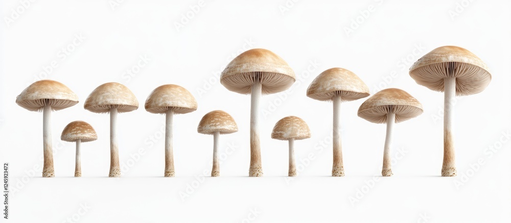 Poster champignon mushrooms of various sizes isolated on a clean white background showcasing their unique s