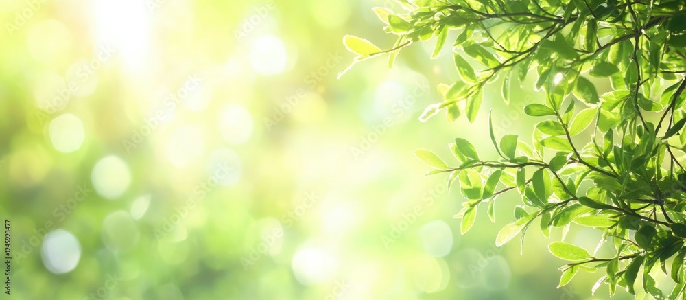 Poster close-up view of a thuja branch in summer sunlight with a blurred green background creating a serene