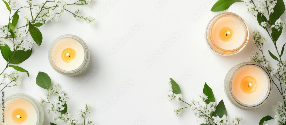 Poster Candles and delicate flowers arranged on a white table for a serene spa aromatherapy treatment flat lay with empty space for text
