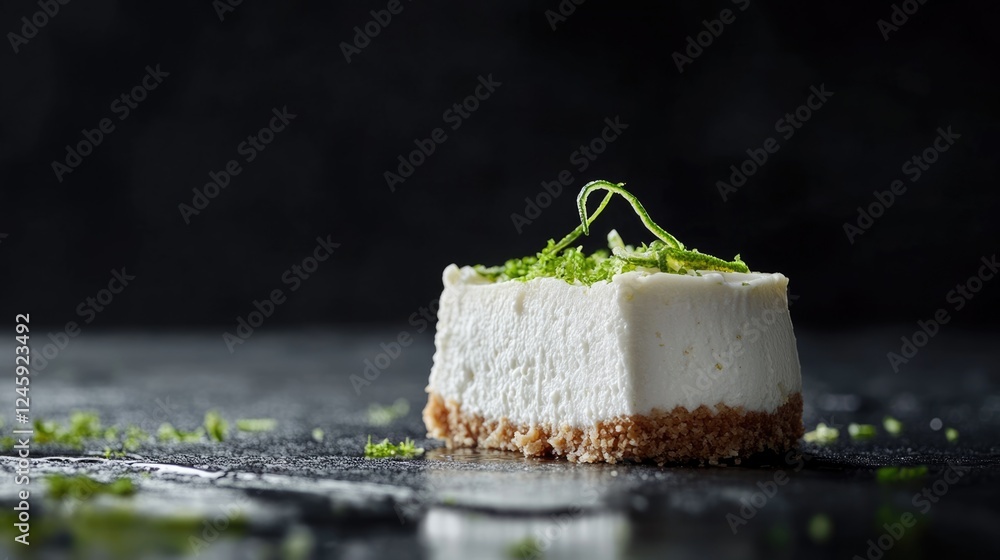 Aufkleber coconut cheesecake slice garnished with lime zest on dark surface with ample copy space for text or 