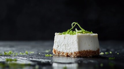 Coconut cheesecake slice garnished with lime zest on dark surface with ample copy space for text or advertising purposes