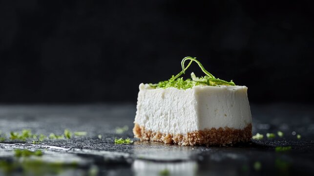 Coconut cheesecake slice garnished with lime zest on dark surface with ample copy space for text or advertising purposes