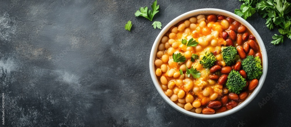 Aufkleber comforting bowl of cheesy broccoli casserole with mixed beans on dark background with space for text