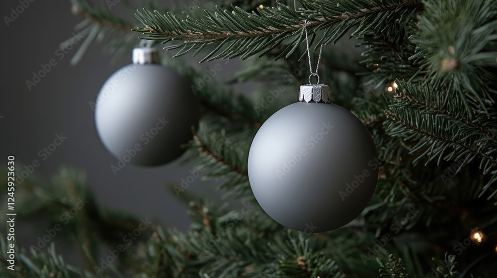 Poster minimalist christmas ornaments on tree in winter park with empty copy space for text and soft focus 