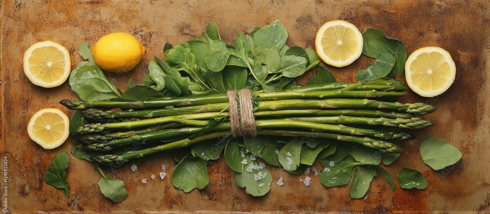 Aufkleber fresh organic green asparagus with lemon slices and salad leaves on a rustic background promoting he