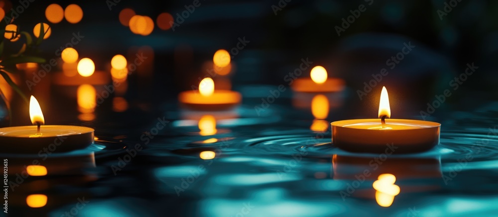 Poster tranquil night scene with floating candles on water evoking calmness and serenity with space for tex